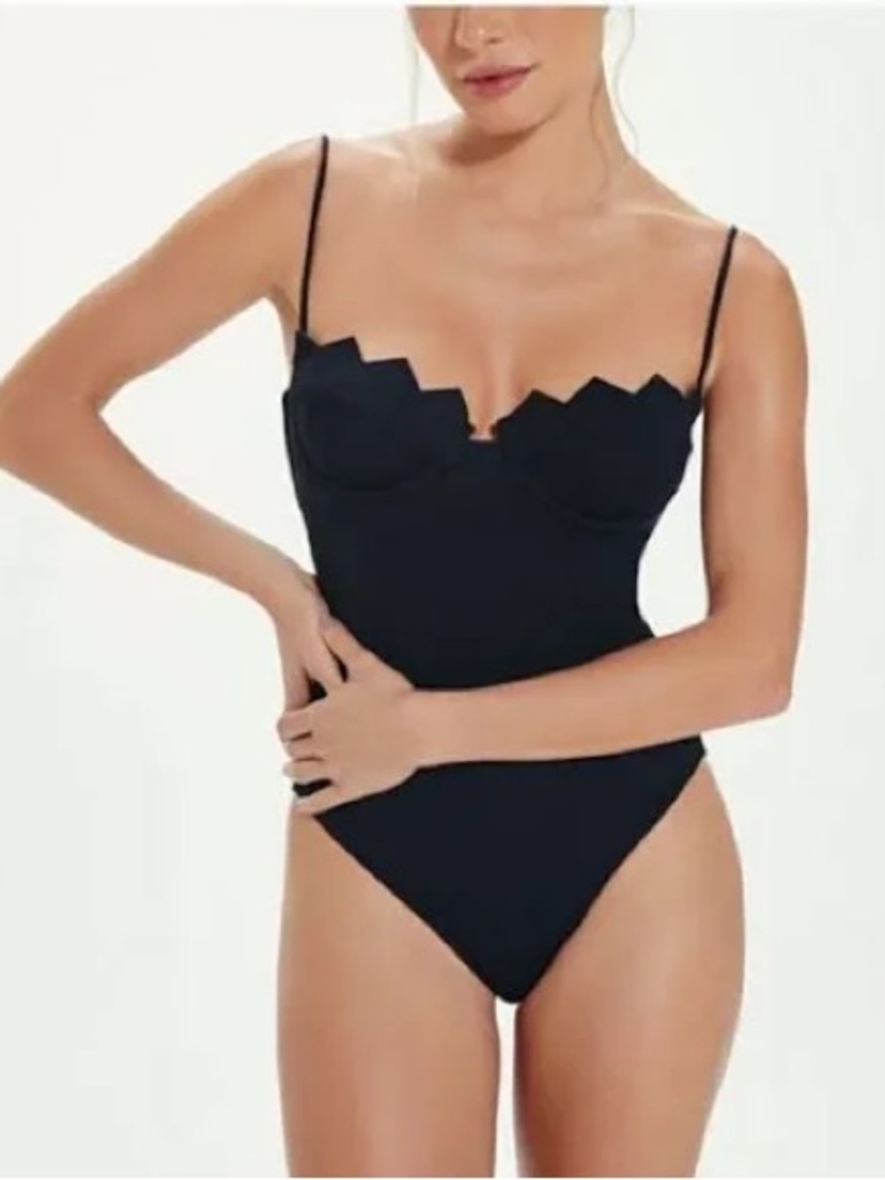 Black Scalloped Bust One-Piece Swimsuit - Picture 3 of 3